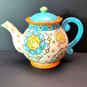 Dutch Wax by Coastline Imports Hand painted Turquoise/Orange Teapot.